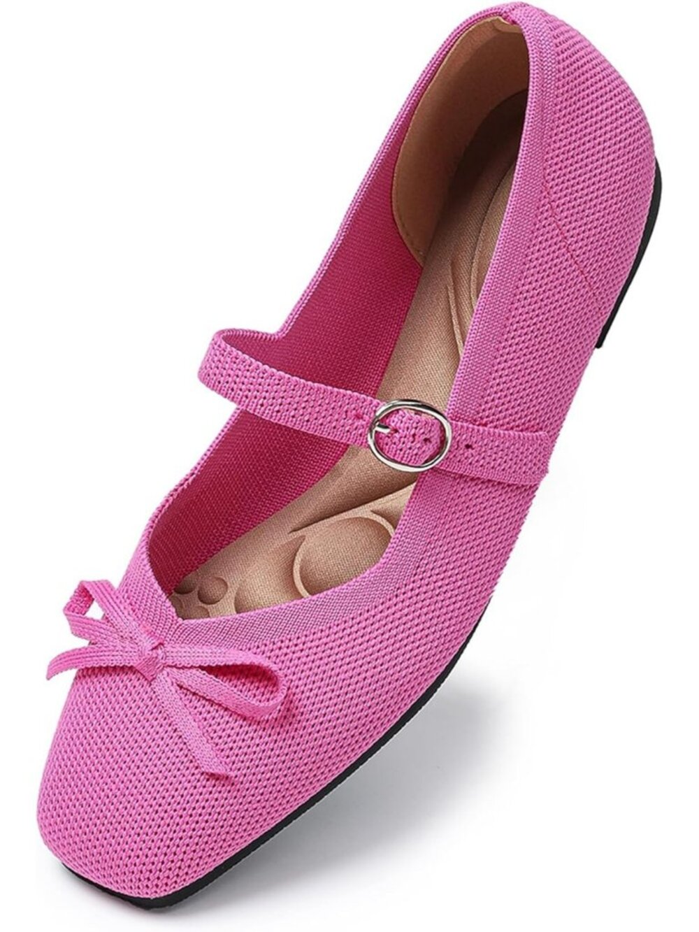 Women's Pink Comfortable Ankle Strap Square Toe Mary Jane Ballet Flats - Picture 2 of 6